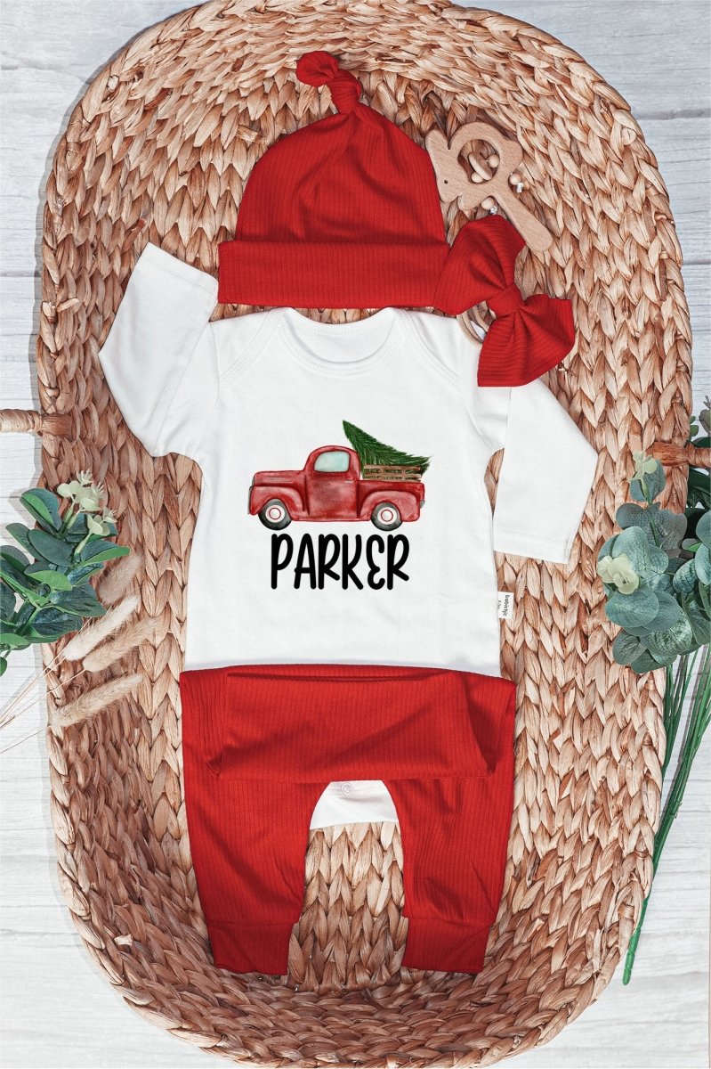 Personalised Red Truck Christmas Baby Boy Onesie and Long Pants | Cute Christmas Bodysuit | Infant Christmas Outfit - BabiChic