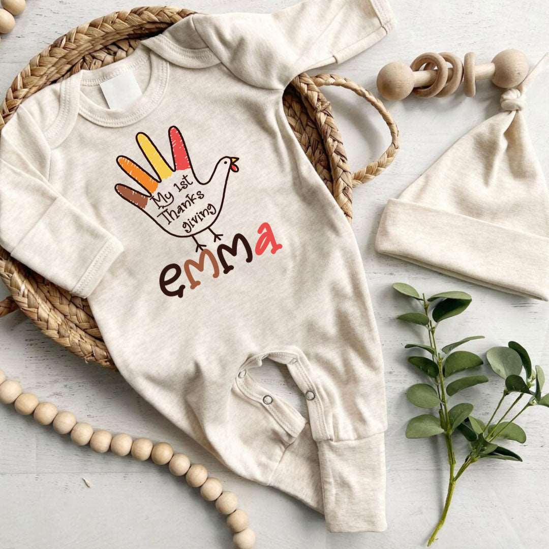 Personalized 1st Thanksgiving Baby Girl Turkey Romper – Fall Joy Onesies - BabiChic