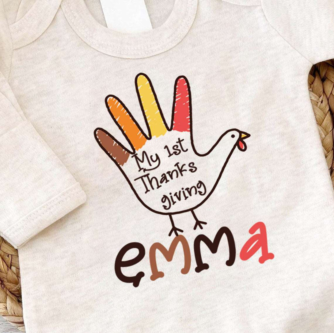 Personalized 1st Thanksgiving Baby Girl Turkey Romper – Fall Joy Onesies - BabiChic