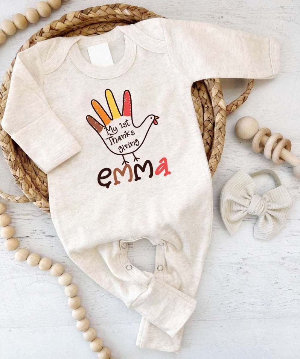 Personalized 1st Thanksgiving Baby Girl Turkey Romper – Fall Joy Onesies - BabiChic