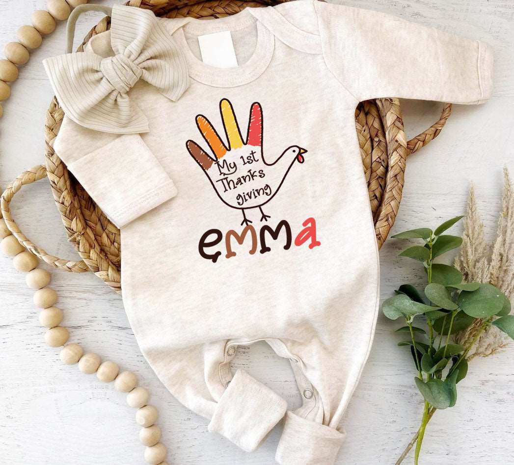 Personalized 1st Thanksgiving Baby Girl Turkey Romper – Fall Joy Onesies - BabiChic