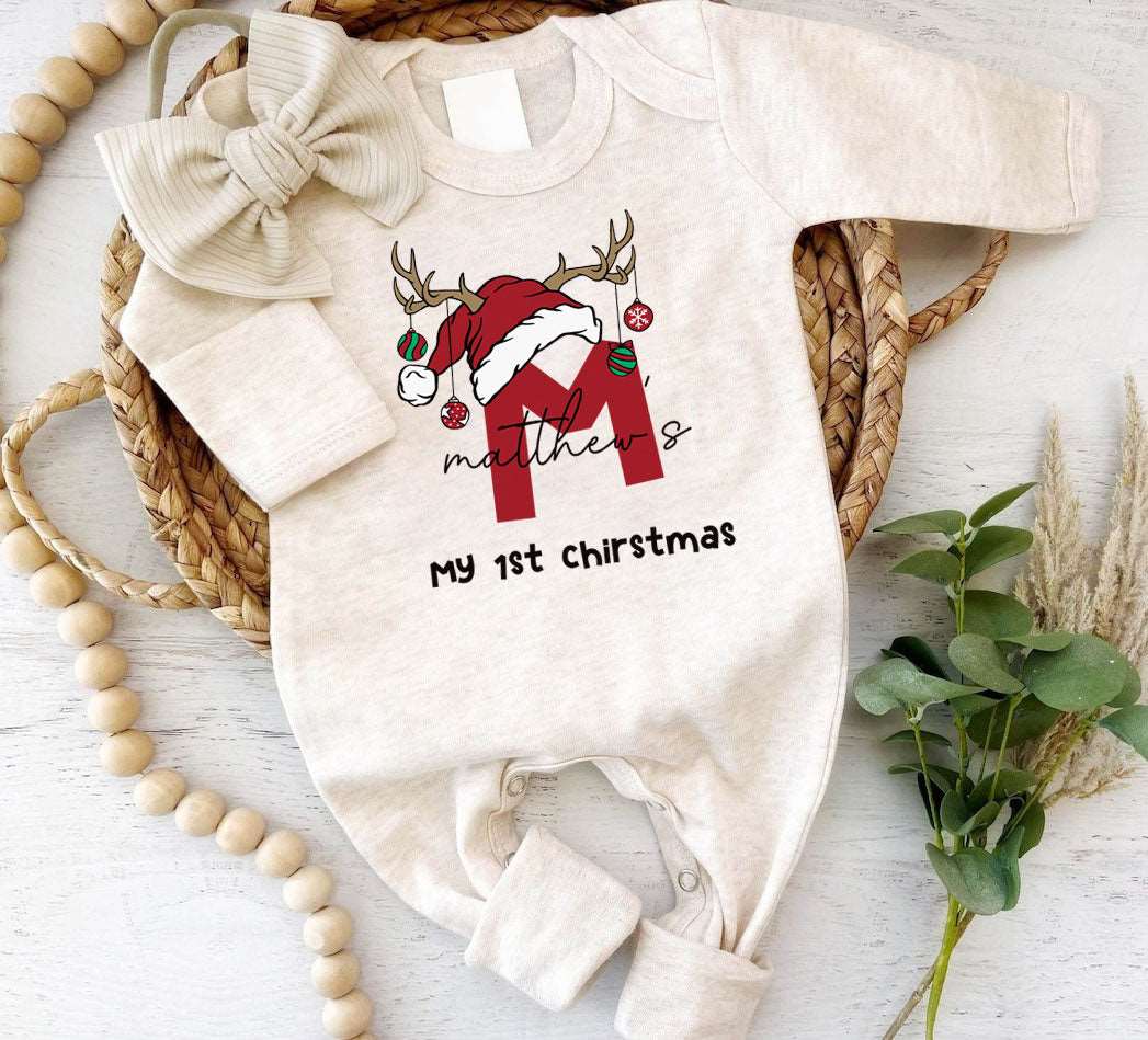 Personalized Baby Boy 1st Christmas Romper - Custom Name Onesie, Cute Xmas Bodysuit - BabiChic