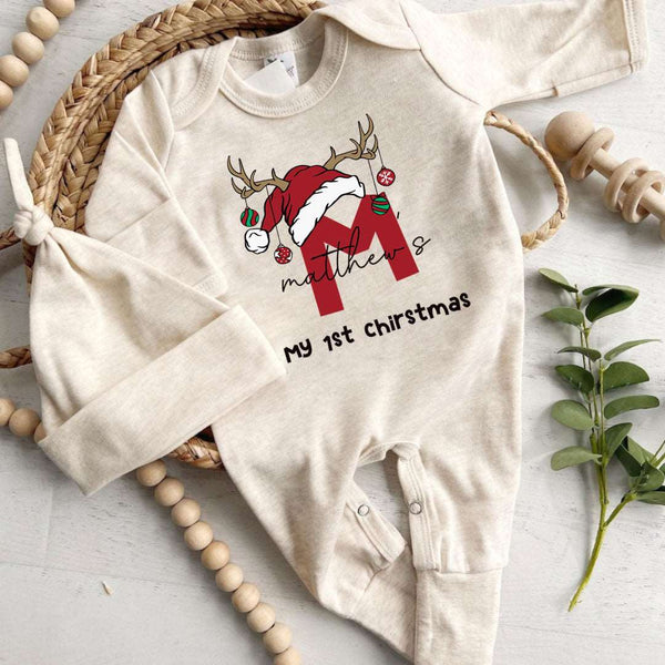 Personalized Baby Boy 1st Christmas Romper - Custom Name Onesie, Cute Xmas Bodysuit - BabiChic