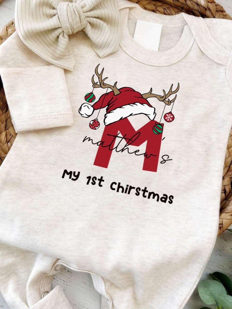 Personalized Baby Boy 1st Christmas Romper - Custom Name Onesie, Cute Xmas Bodysuit - BabiChic