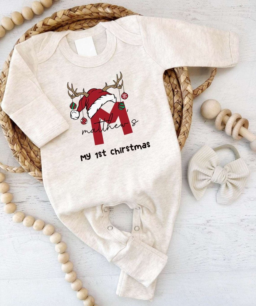 Personalized Baby Boy 1st Christmas Romper - Custom Name Onesie, Cute Xmas Bodysuit - BabiChic