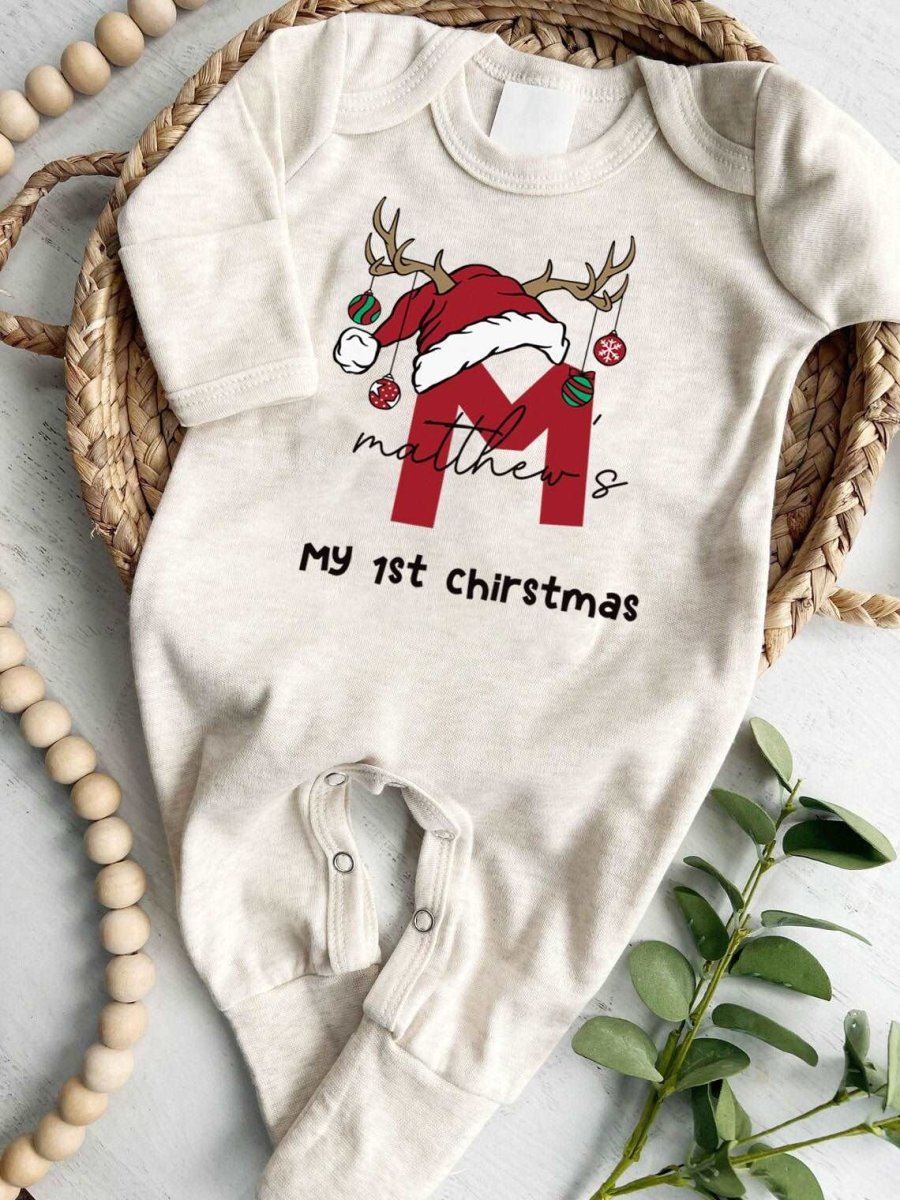 Personalized Baby Boy 1st Christmas Romper - Custom Name Onesie, Cute Xmas Bodysuit - BabiChic