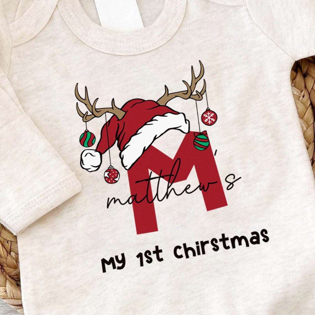 Personalized Baby Boy 1st Christmas Romper - Custom Name Onesie, Cute Xmas Bodysuit - BabiChic