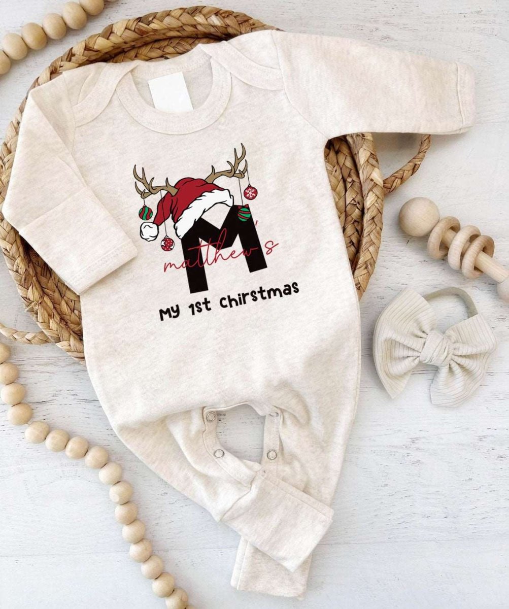 Personalized Baby Boy 1st Christmas Romper - Cute Xmas Bodysuit, Custom Name Onesie - BabiChic