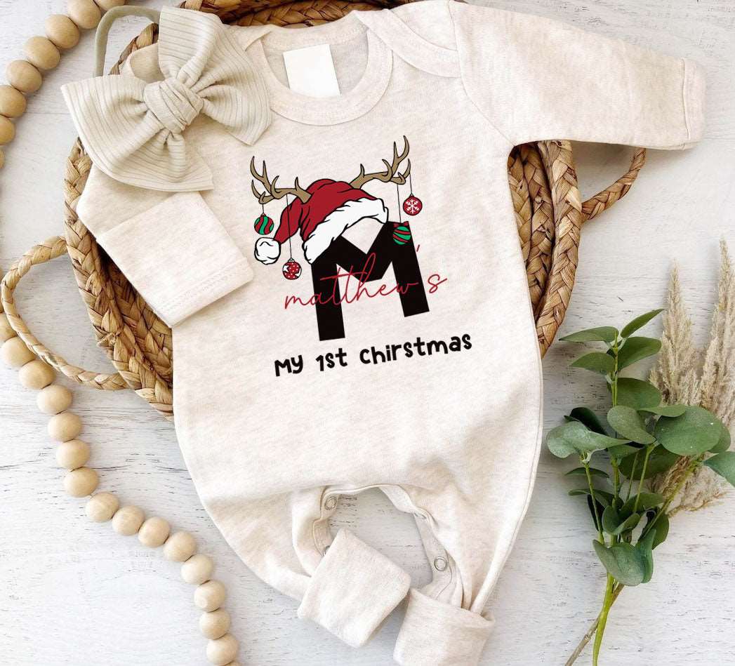 Personalized Baby Boy 1st Christmas Romper - Cute Xmas Bodysuit, Custom Name Onesie - BabiChic