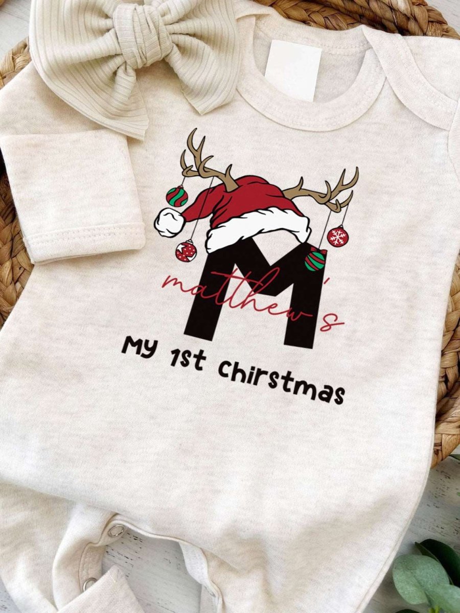 Personalized Baby Boy 1st Christmas Romper - Cute Xmas Bodysuit, Custom Name Onesie - BabiChic