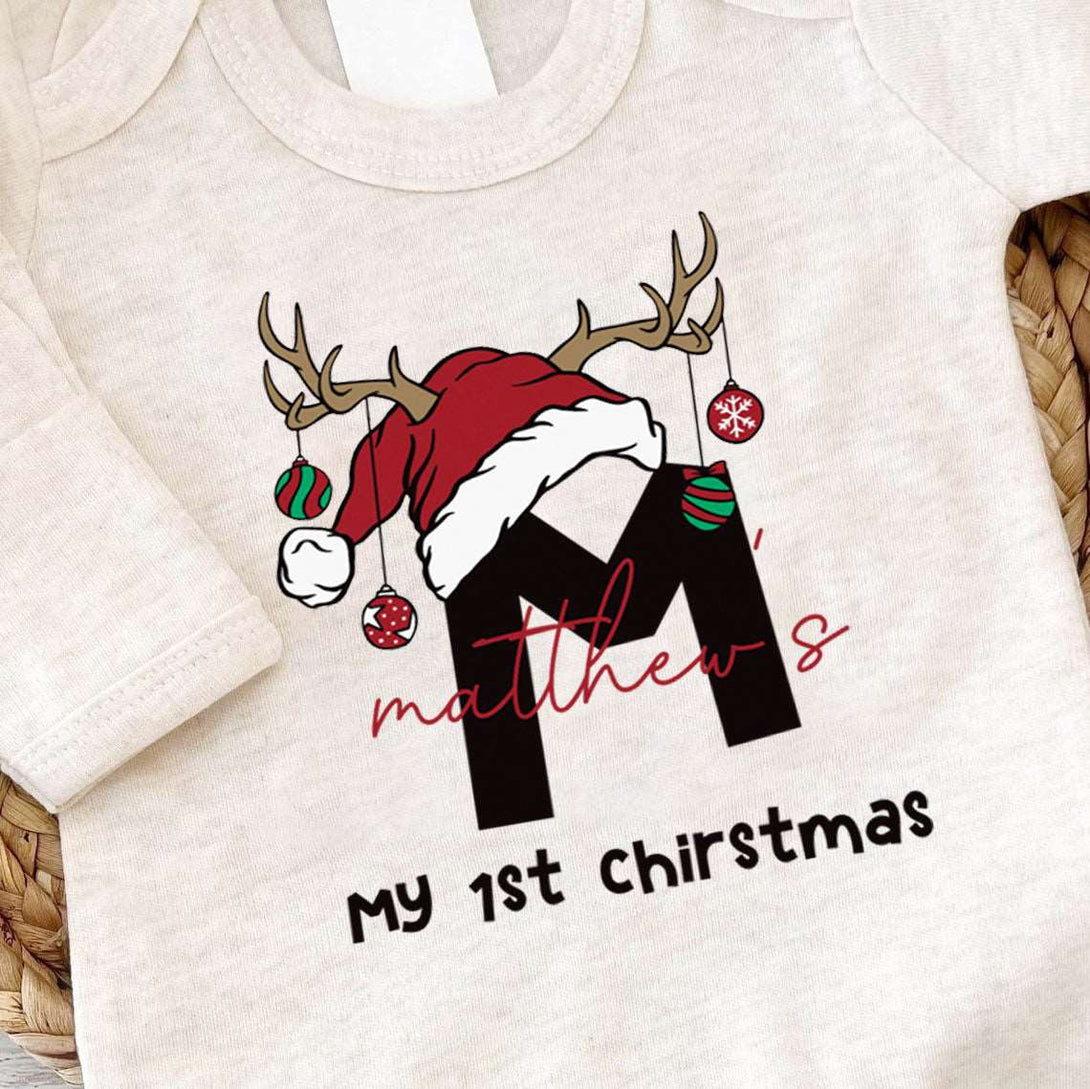 Personalized Baby Boy 1st Christmas Romper - Cute Xmas Bodysuit, Custom Name Onesie - BabiChic