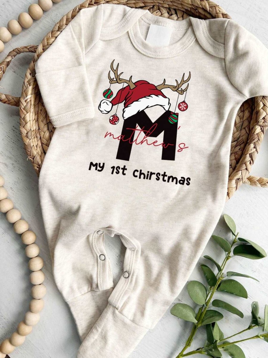 Personalized Baby Boy 1st Christmas Romper - Cute Xmas Bodysuit, Custom Name Onesie - BabiChic