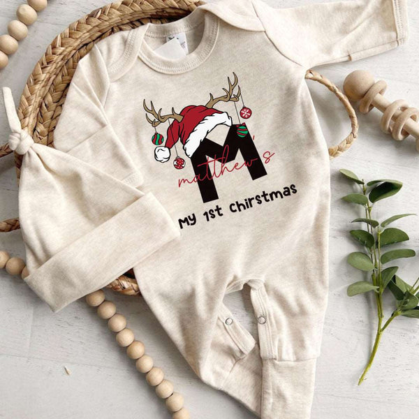 Personalized Baby Boy 1st Christmas Romper - Cute Xmas Bodysuit, Custom Name Onesie - BabiChic