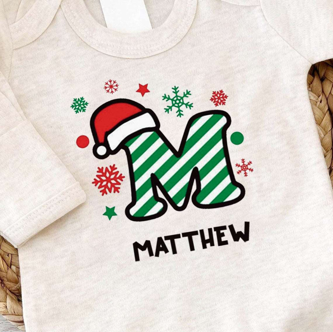 Personalized Baby Boy Alphabet Candy 1st Christmas Romper - Cute Footie Onesie, Xmas Pajamas - BabiChic