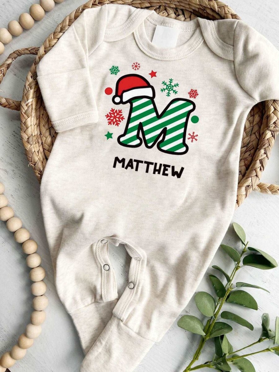 Personalized Baby Boy Alphabet Candy 1st Christmas Romper - Cute Footie Onesie, Xmas Pajamas - BabiChic