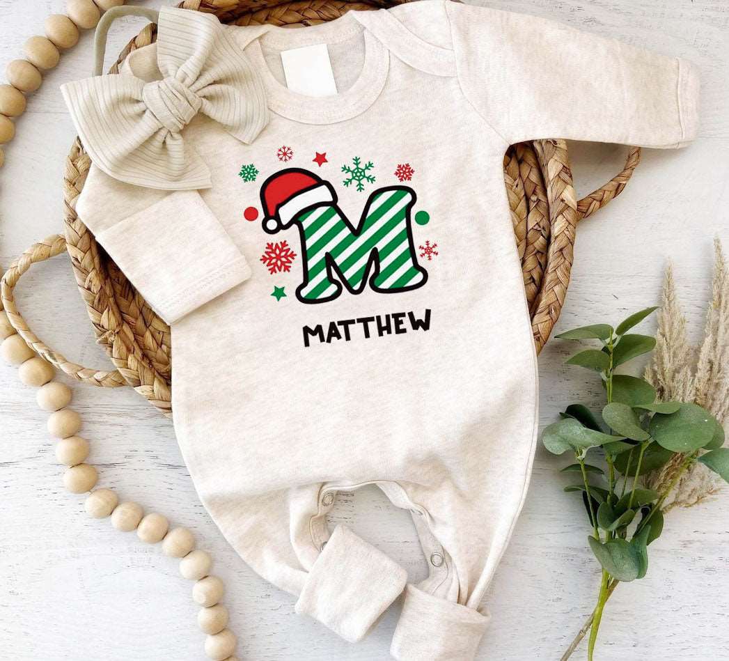 Personalized Baby Boy Alphabet Candy 1st Christmas Romper - Cute Footie Onesie, Xmas Pajamas - BabiChic