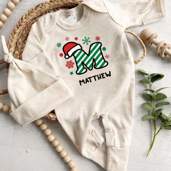 Personalized Baby Boy Alphabet Candy 1st Christmas Romper - Cute Footie Onesie, Xmas Pajamas - BabiChic