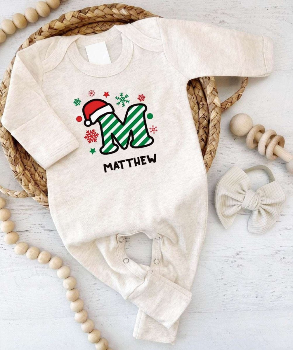 Personalized Baby Boy Alphabet Candy 1st Christmas Romper - Cute Footie Onesie, Xmas Pajamas - BabiChic