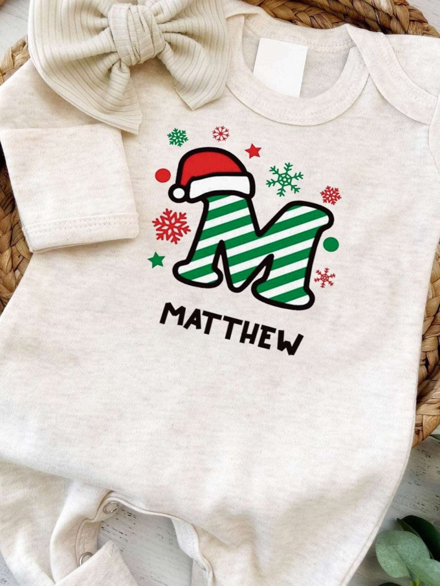 Personalized Baby Boy Alphabet Candy 1st Christmas Romper - Cute Footie Onesie, Xmas Pajamas - BabiChic