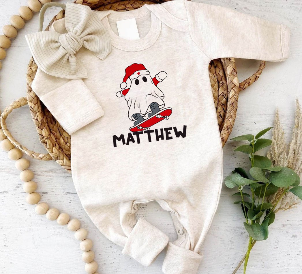 Personalized Baby Boy Creep it Real 1st Christmas Romper - Cute Footie Onesie, Xmas Pajamas - BabiChic