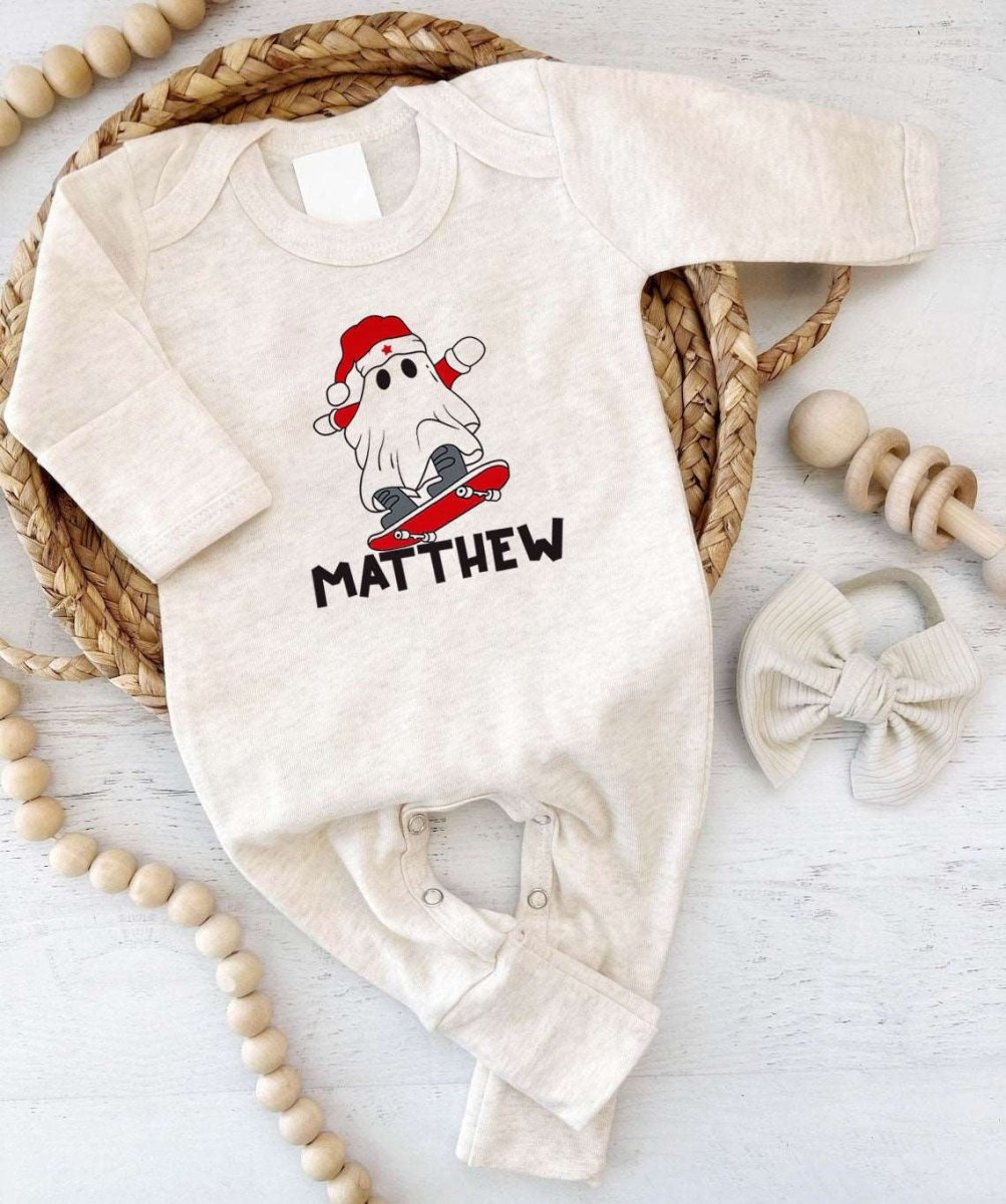 Personalized Baby Boy Creep it Real 1st Christmas Romper - Cute Footie Onesie, Xmas Pajamas - BabiChic