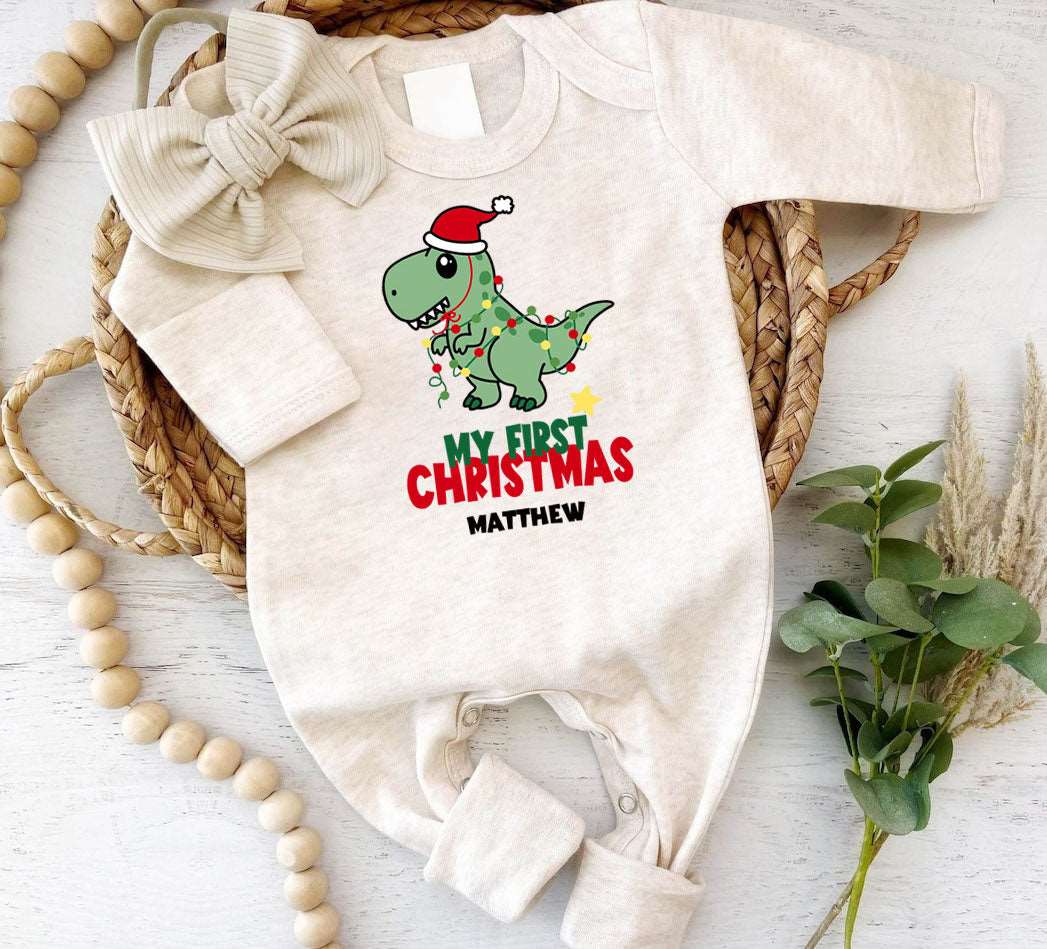 Personalized Baby Boy Dinosaur 1st Christmas Romper - Cute Footie Onesie, Xmas Pajama - BabiChic