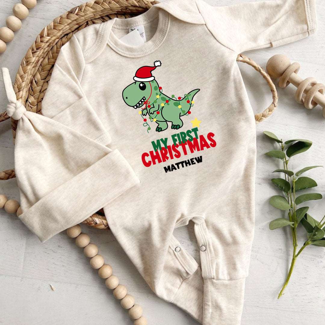 Personalized Baby Boy Dinosaur 1st Christmas Romper - Cute Footie Onesie, Xmas Pajama - BabiChic