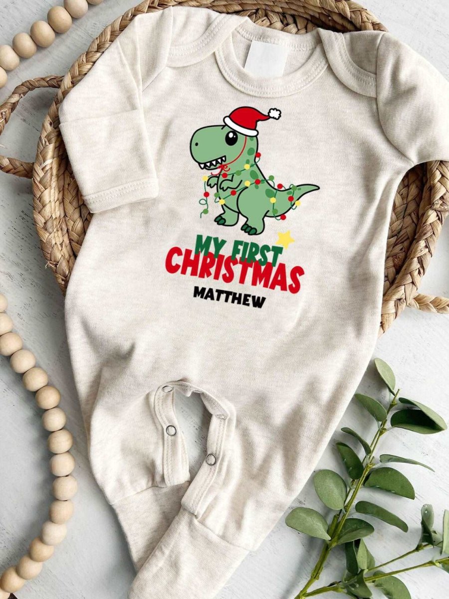 Personalized Baby Boy Dinosaur 1st Christmas Romper - Cute Footie Onesie, Xmas Pajama - BabiChic