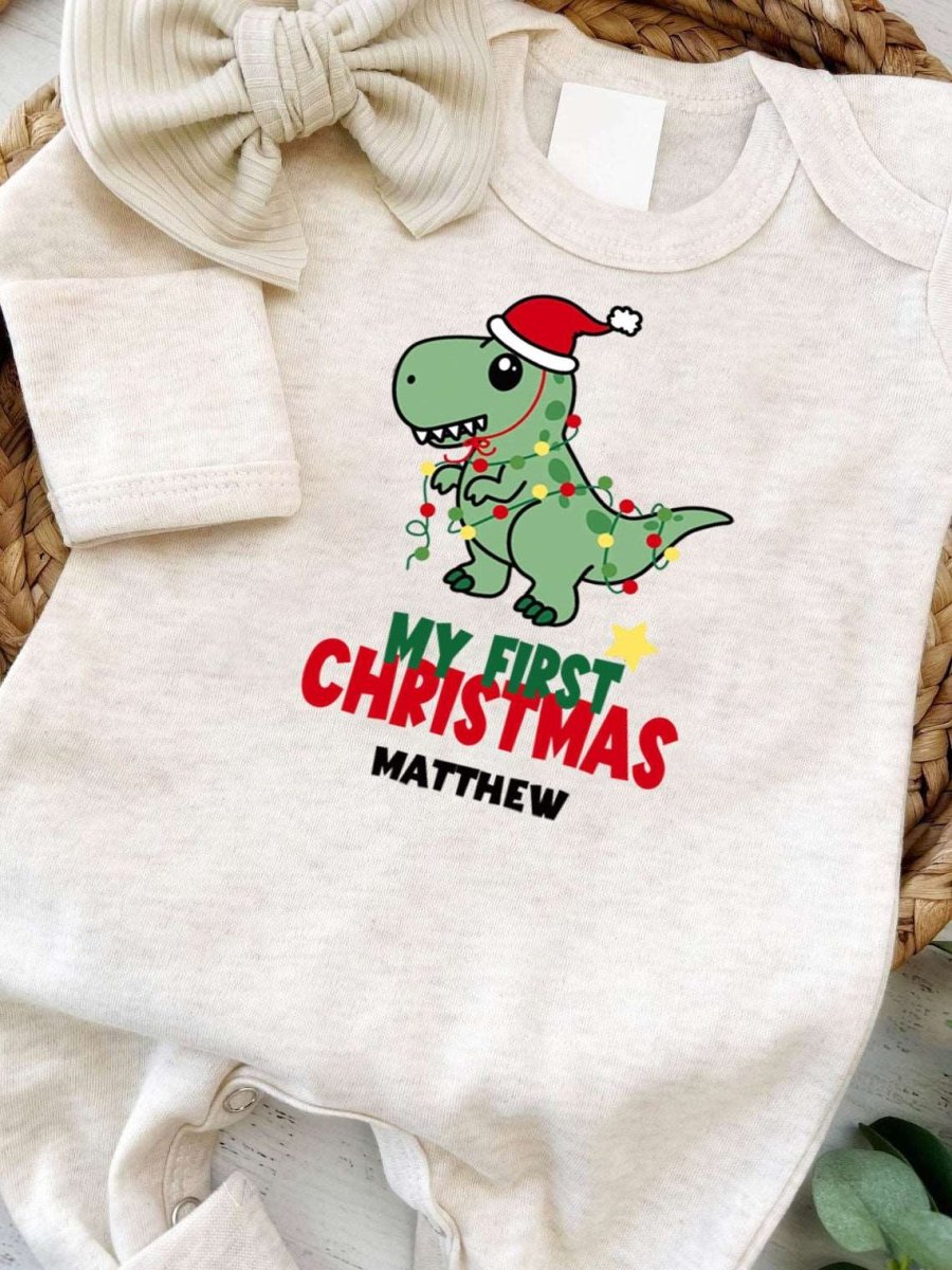 Personalized Baby Boy Dinosaur 1st Christmas Romper - Cute Footie Onesie, Xmas Pajama - BabiChic