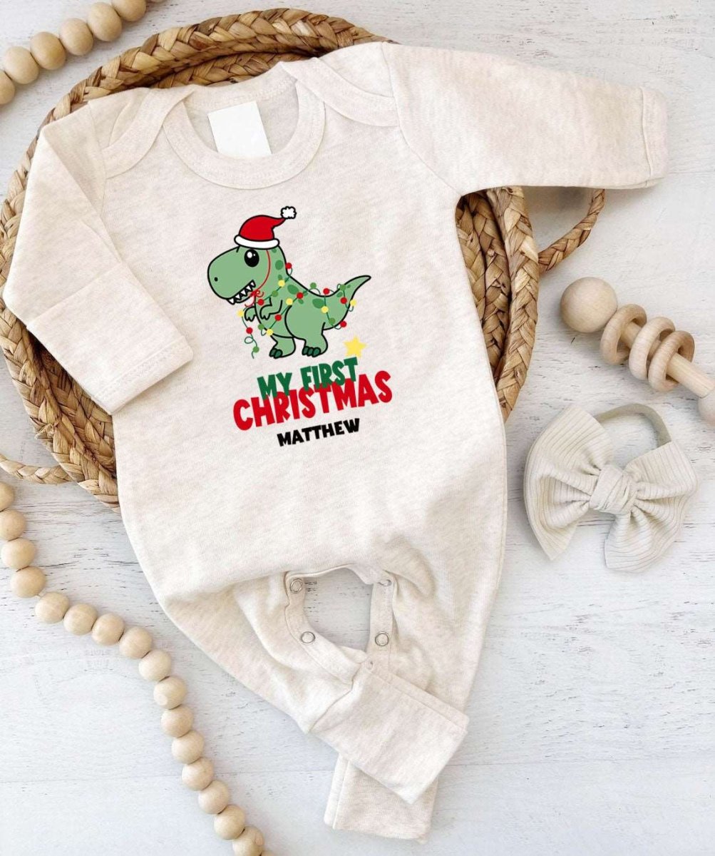 Personalized Baby Boy Dinosaur 1st Christmas Romper - Cute Footie Onesie, Xmas Pajama - BabiChic