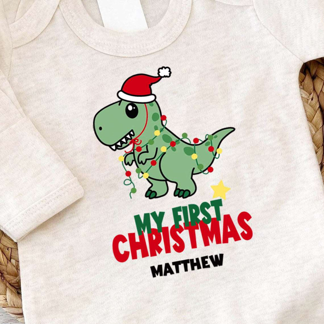 Personalized Baby Boy Dinosaur 1st Christmas Romper - Cute Footie Onesie, Xmas Pajama - BabiChic