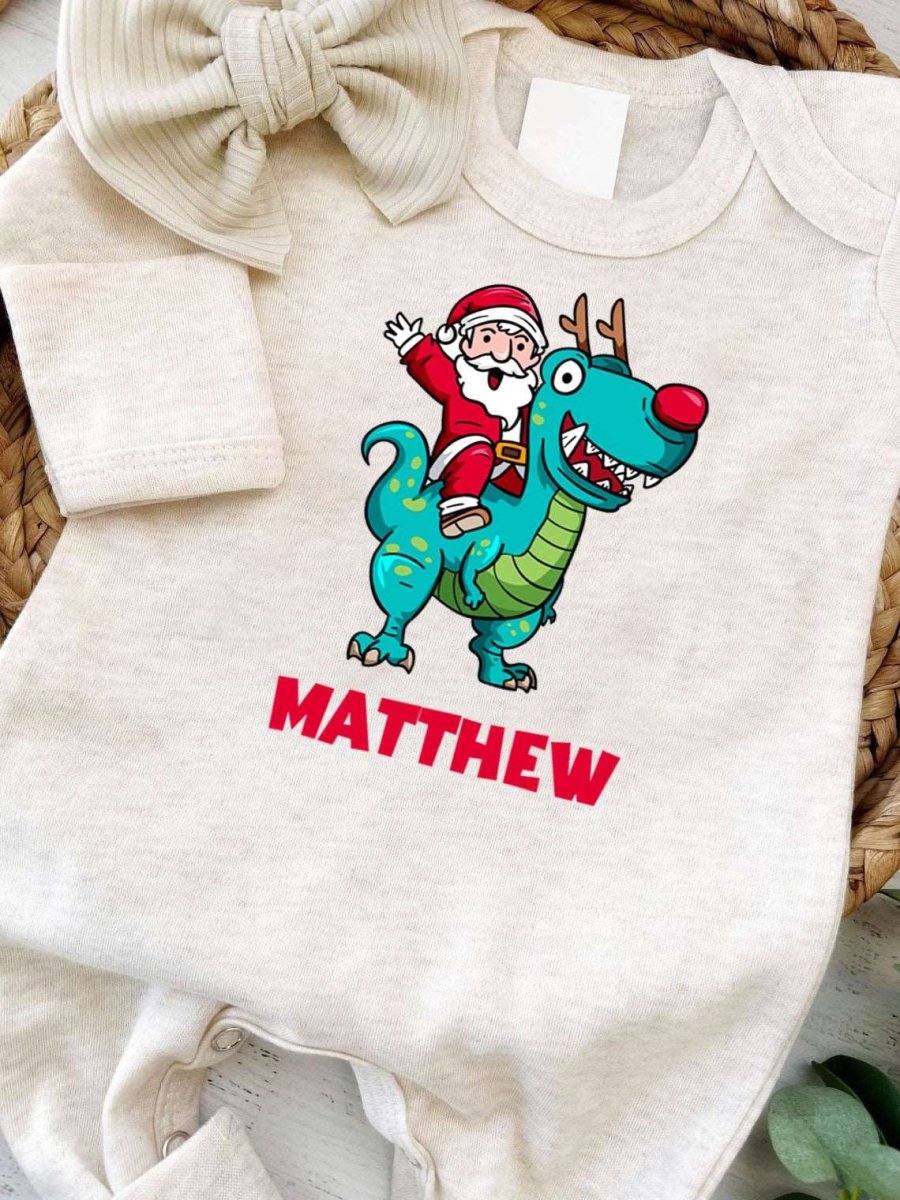 Personalized Baby Boy Dinosaur Santa Christmas Romper - Cute Onesies, My First Xmas Bodysuit - BabiChic