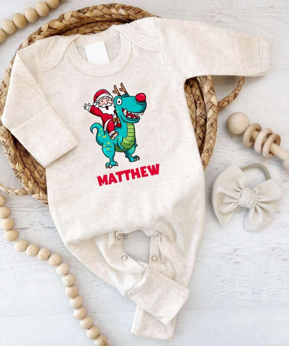 Personalized Baby Boy Dinosaur Santa Christmas Romper - Cute Onesies, My First Xmas Bodysuit - BabiChic