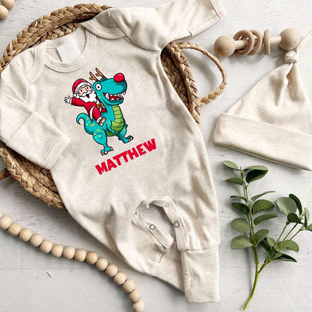 Personalized Baby Boy Dinosaur Santa Christmas Romper - Cute Onesies, My First Xmas Bodysuit - BabiChic