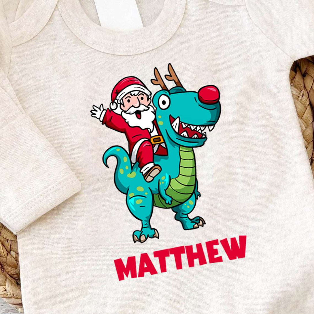 Personalized Baby Boy Dinosaur Santa Christmas Romper - Cute Onesies, My First Xmas Bodysuit - BabiChic