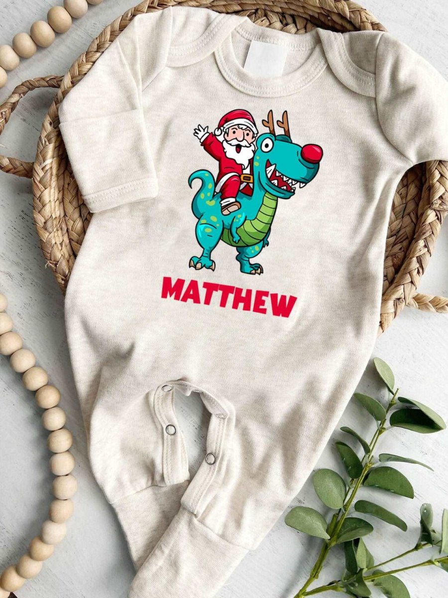 Personalized Baby Boy Dinosaur Santa Christmas Romper - Cute Onesies, My First Xmas Bodysuit - BabiChic