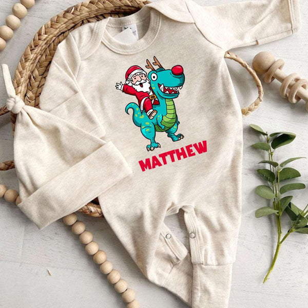 Personalized Baby Boy Dinosaur Santa Christmas Romper - Cute Onesies, My First Xmas Bodysuit - BabiChic