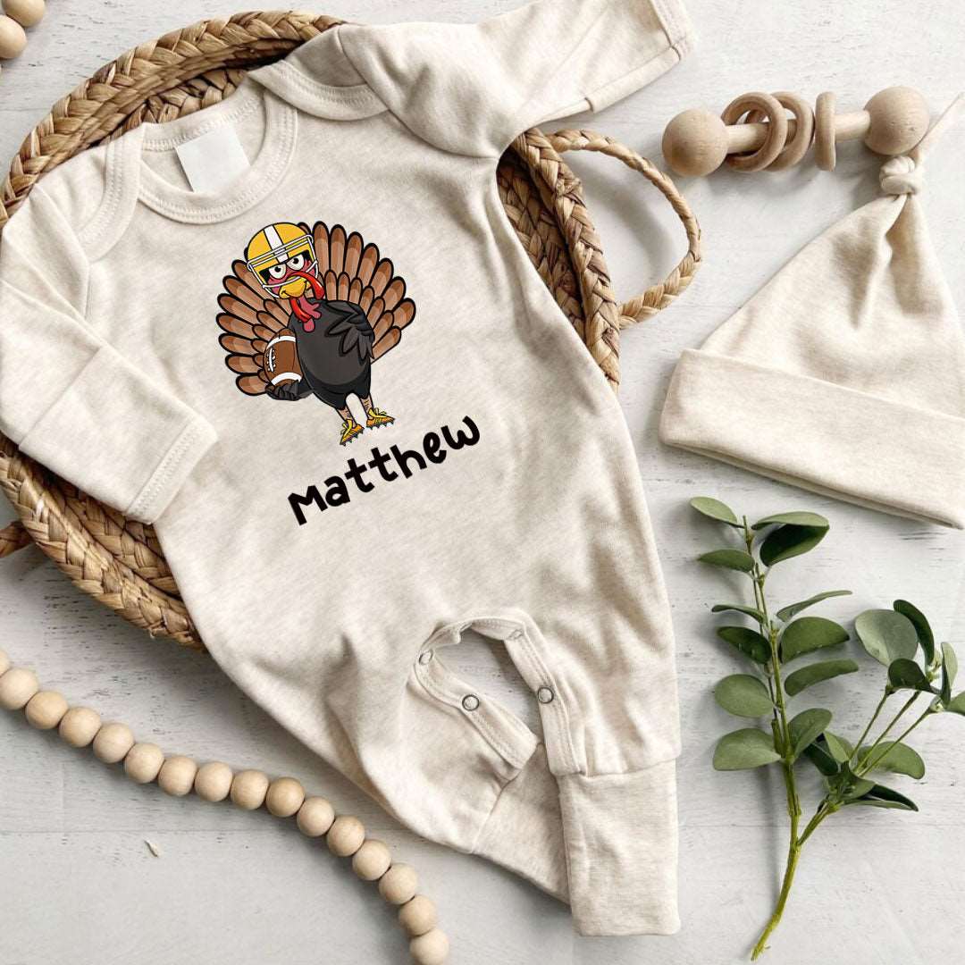 Personalized Baby Boy First Thanksgiving Romper – Turkey Football Joy - BabiChic