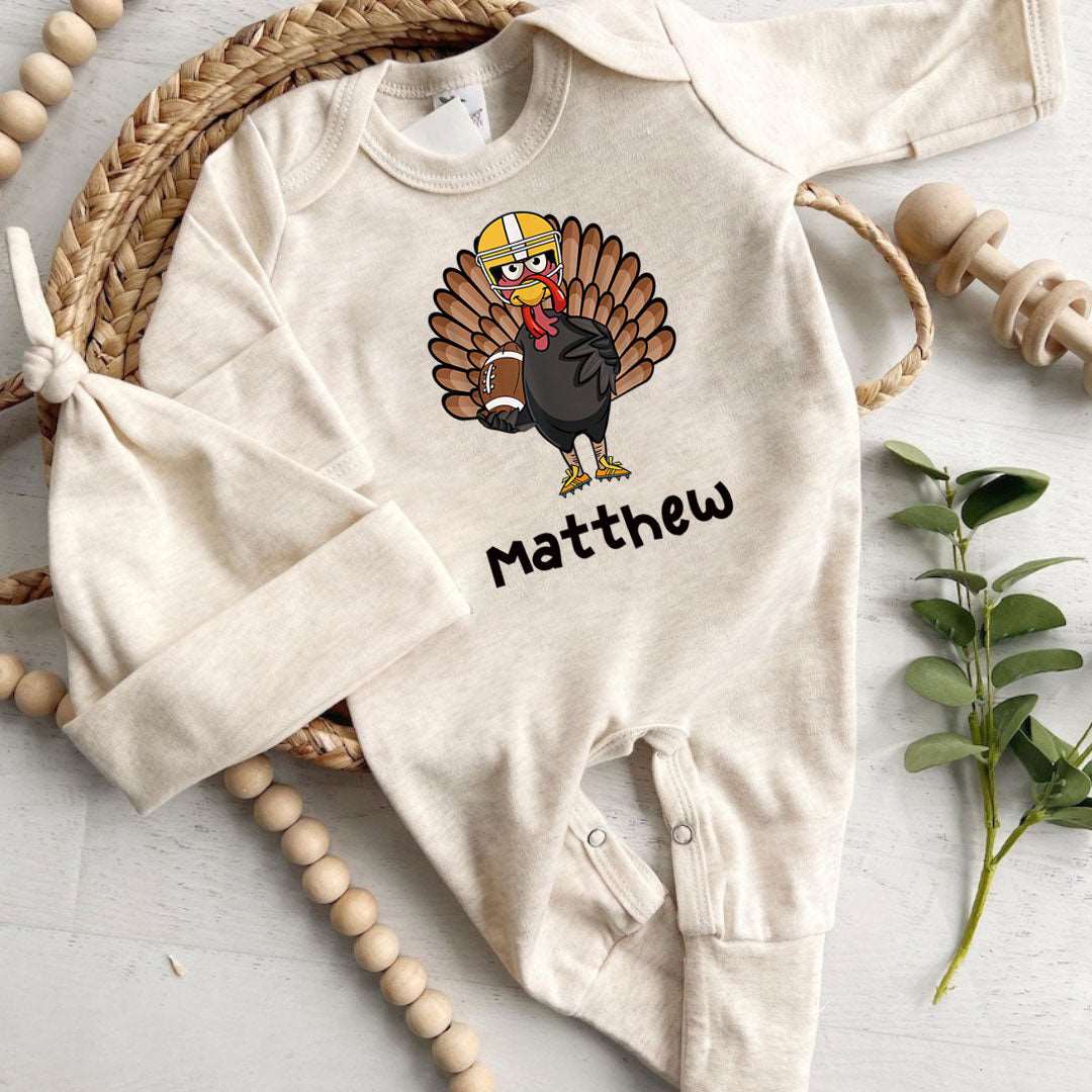 Personalized Baby Boy First Thanksgiving Romper – Turkey Football Joy - BabiChic