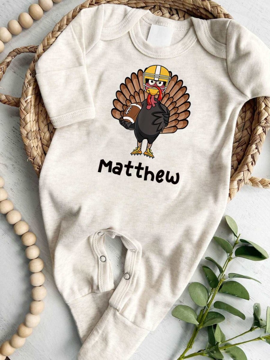 Personalized Baby Boy First Thanksgiving Romper – Turkey Football Joy - BabiChic