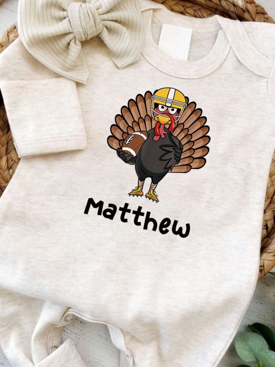 Personalized Baby Boy First Thanksgiving Romper – Turkey Football Joy - BabiChic