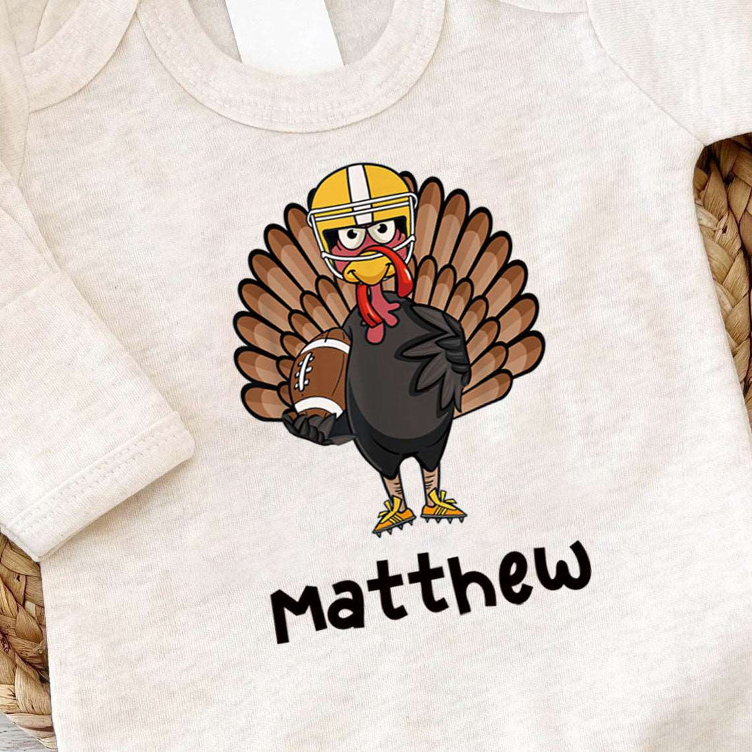 Personalized Baby Boy First Thanksgiving Romper – Turkey Football Joy - BabiChic