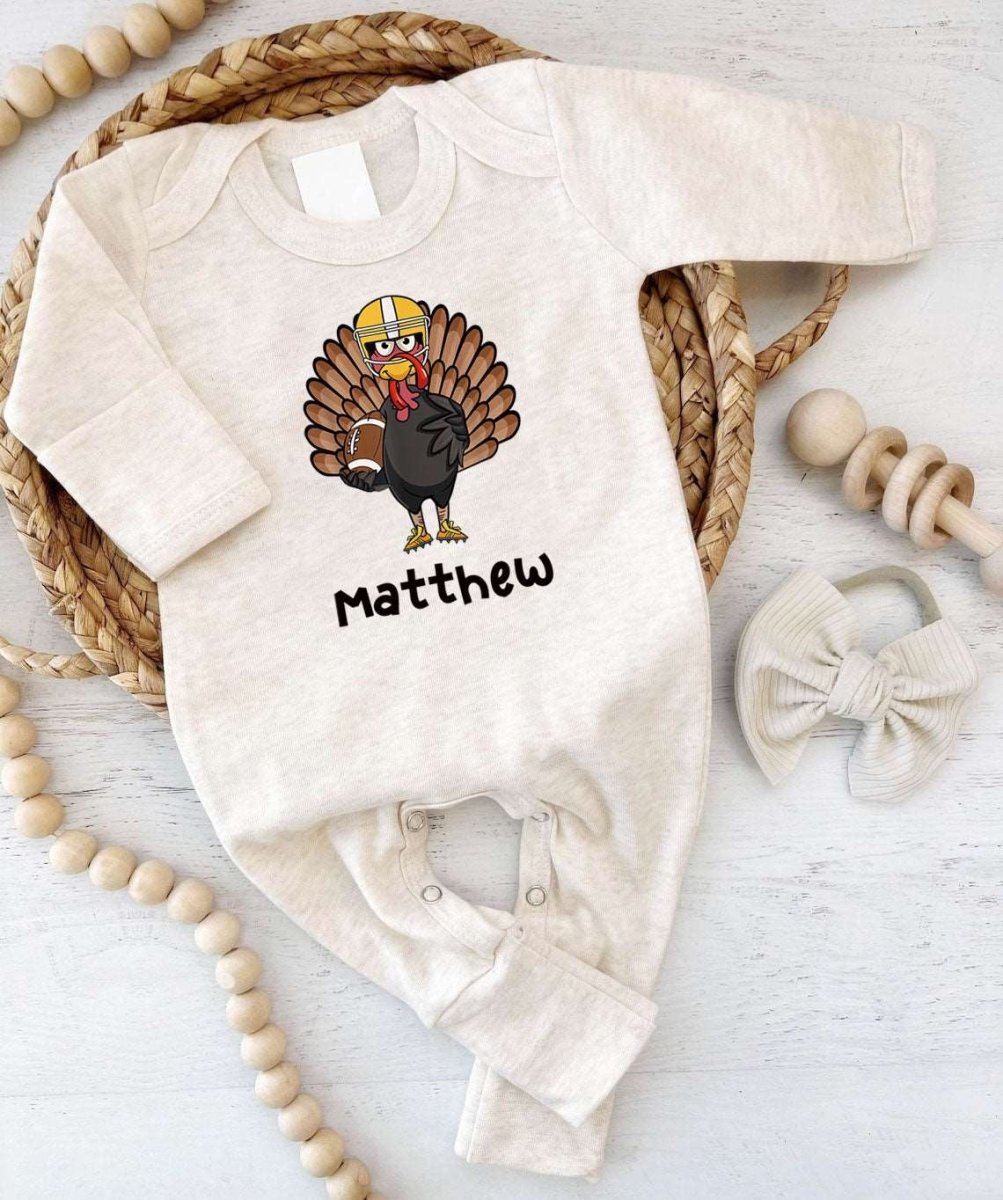 Personalized Baby Boy First Thanksgiving Romper – Turkey Football Joy - BabiChic