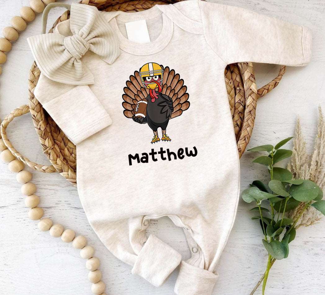 Personalized Baby Boy First Thanksgiving Romper – Turkey Football Joy - BabiChic