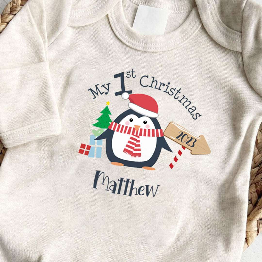 Personalized Baby Boy Little Penguin 1st Christmas Romper - Cute Footie Onesie, Xmas Pajamas - BabiChic