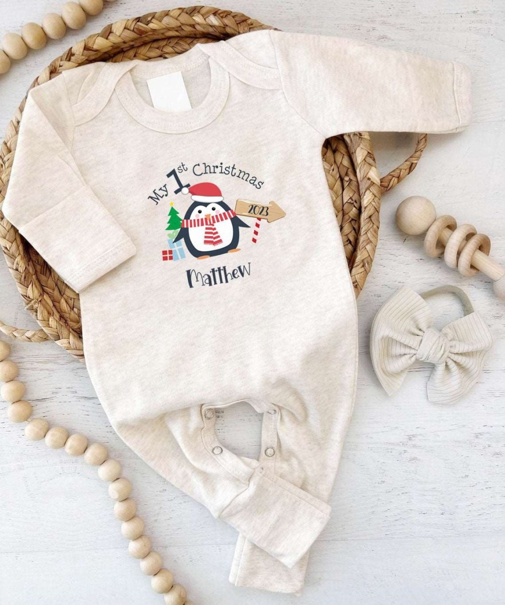 Personalized Baby Boy Little Penguin 1st Christmas Romper - Cute Footie Onesie, Xmas Pajamas - BabiChic