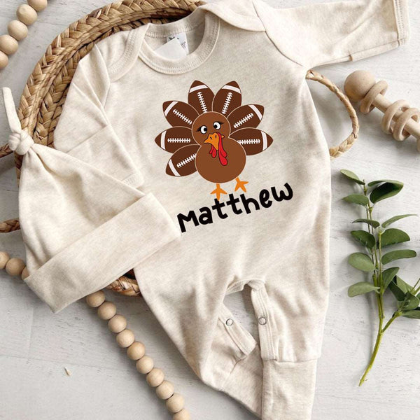 Personalized Baby Boys Thanksgiving Turkey Romper – Football Joy Onesies - BabiChic