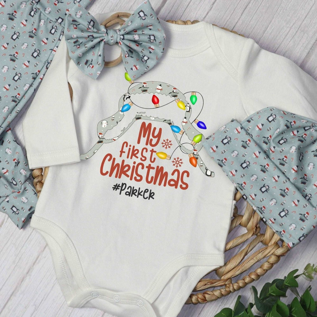 Personalized baby christmas outfit onesies set baby first christmas onesies bodysuit set snowman - BabiChic