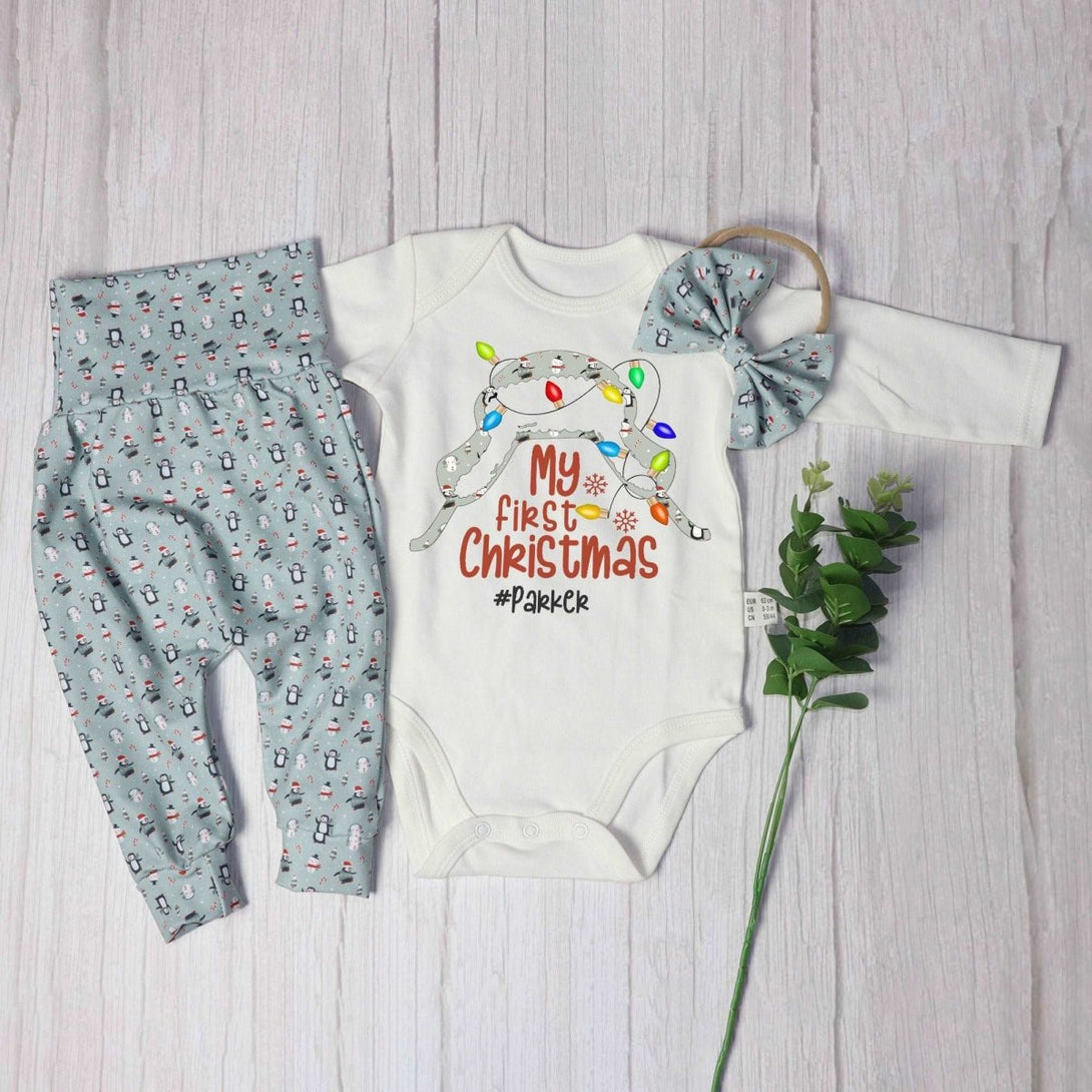 Personalized baby christmas outfit onesies set baby first christmas onesies bodysuit set snowman - BabiChic