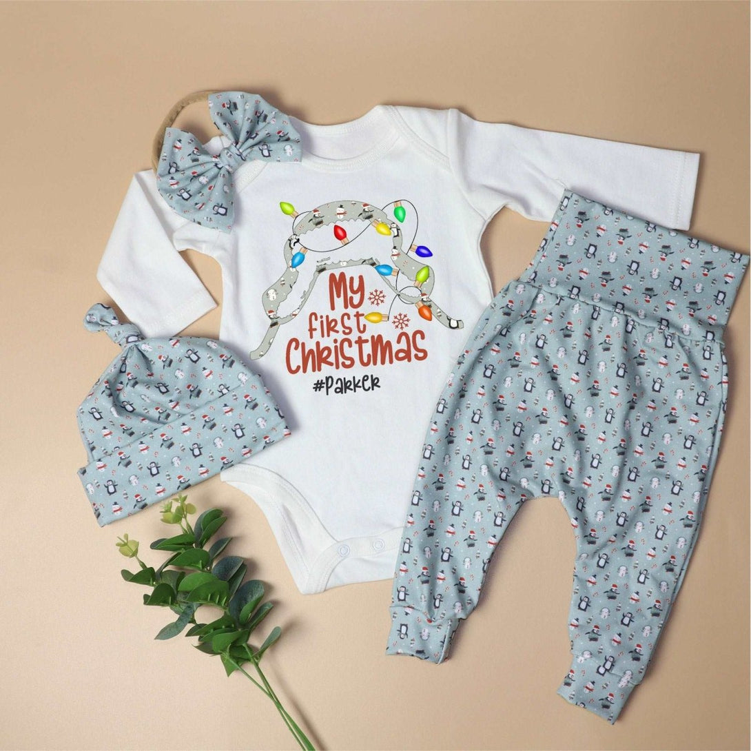 Personalized baby christmas outfit onesies set baby first christmas onesies bodysuit set snowman - BabiChic